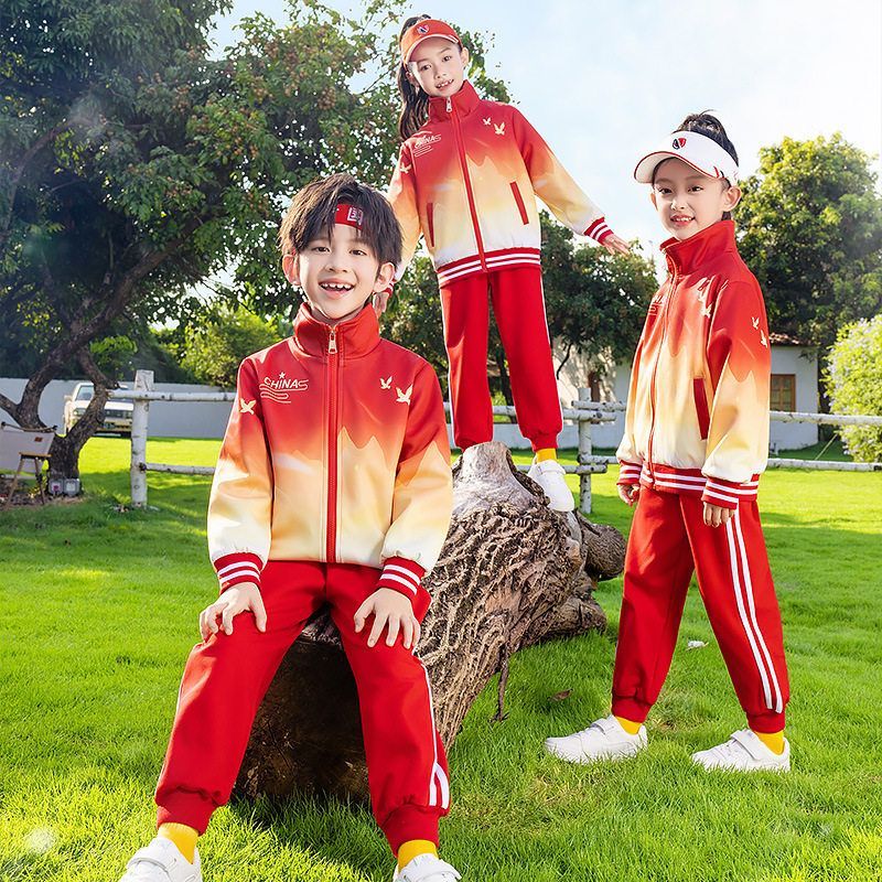 小学生班服春秋夏装三件套中国风红色运动会套装儿童校服幼儿园服
