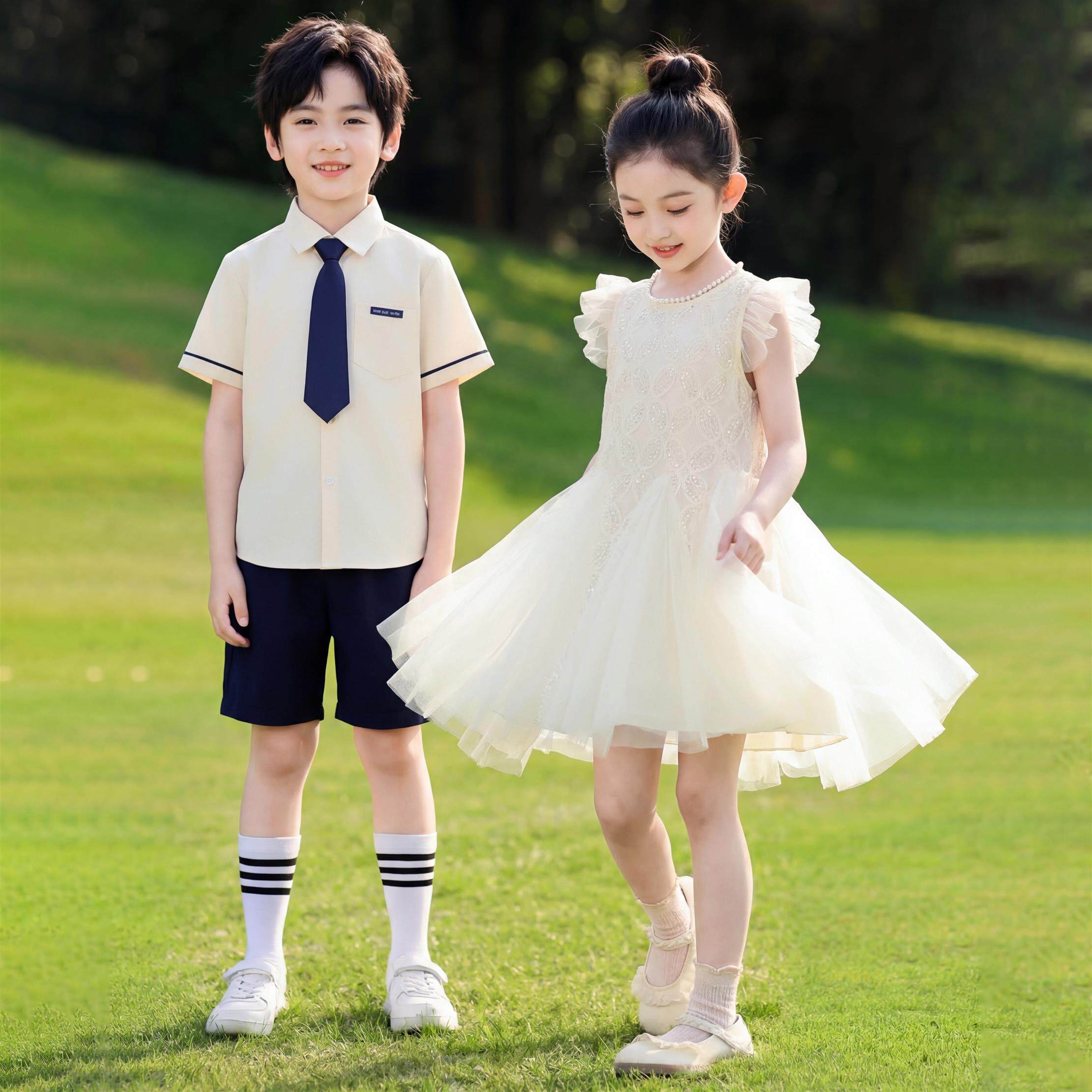 六一儿童演出服小学生合唱表演服幼儿园毕业照班服白色纱裙舞蹈服