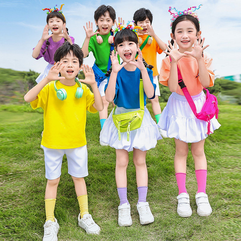 小学生运动会服装幼儿园短袖糖果色毕业照啦啦队六一演出服合唱团