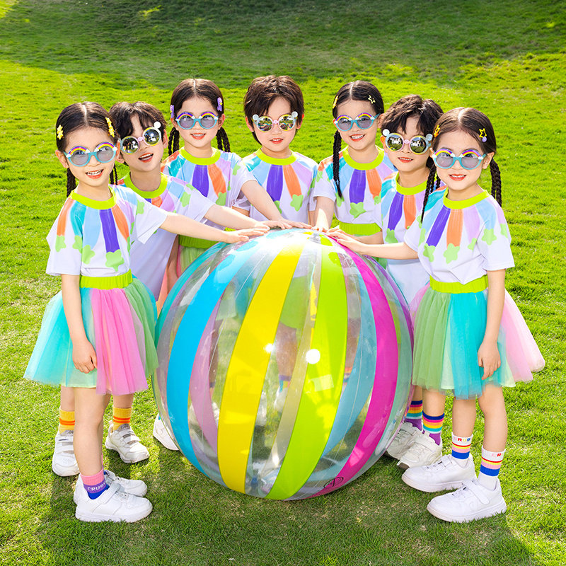 2025夏彩虹纱裙幼儿园啦啦队团体小学生运动会活力绿速干短袖班服