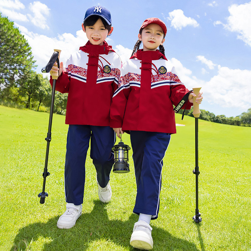 小学生校服秋冬装红色民族风带祥文图案冲锋衣运动班服幼儿园园服