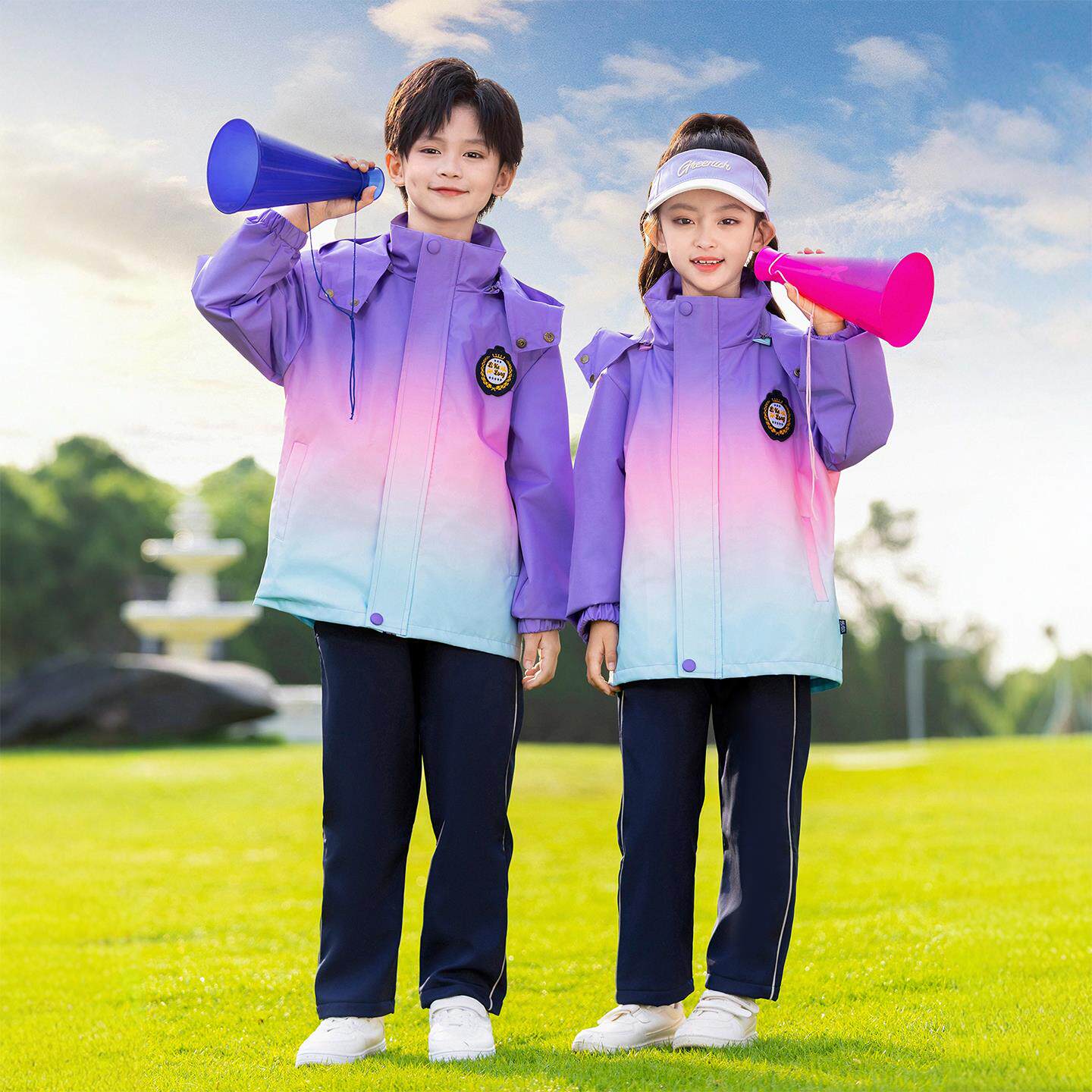 紫色小学生校服冲锋衣三件套儿童班服套装三合一幼儿园园服渐变色