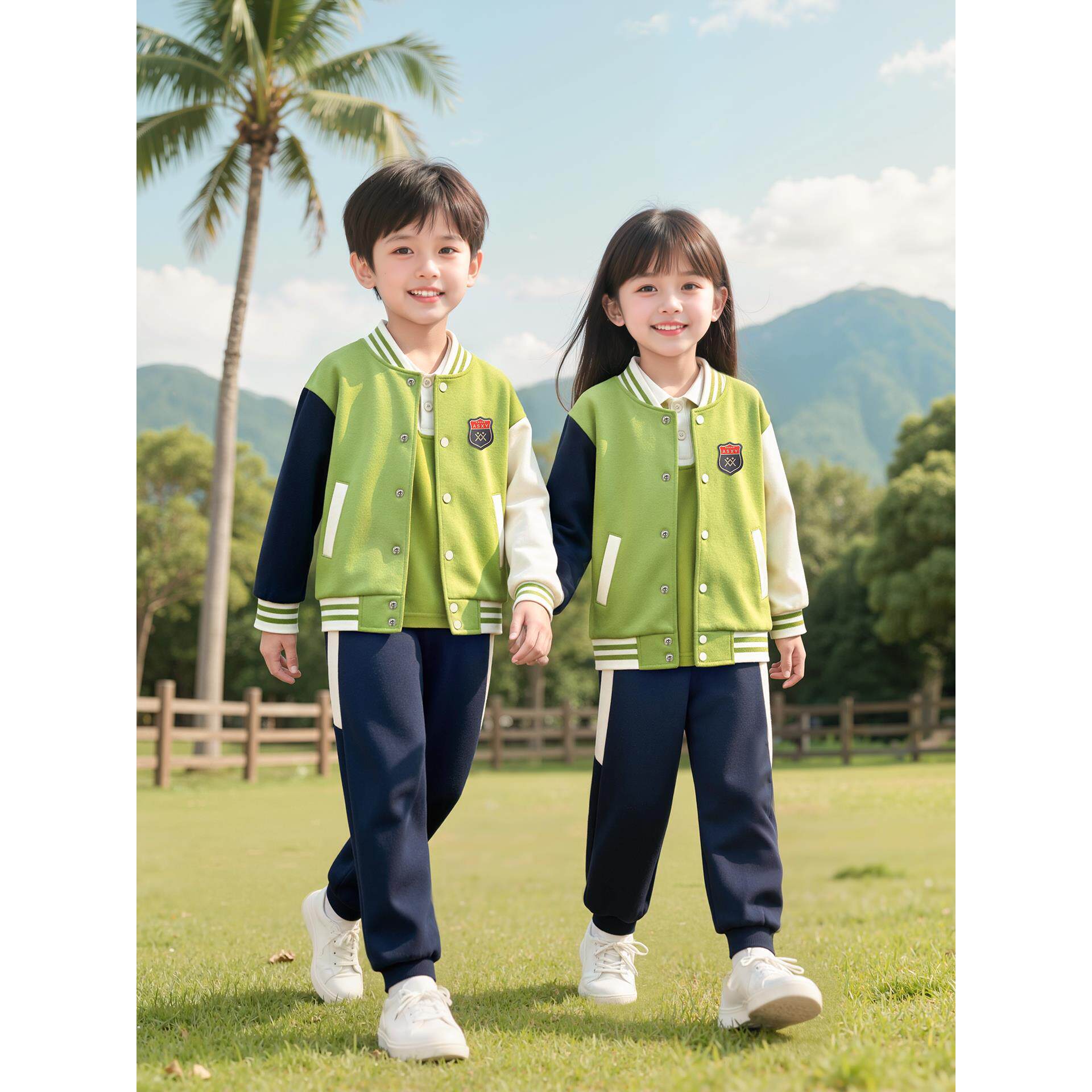 小学生校服春秋款运动棒球服儿童班服套装秋季幼儿园园服三件套绿