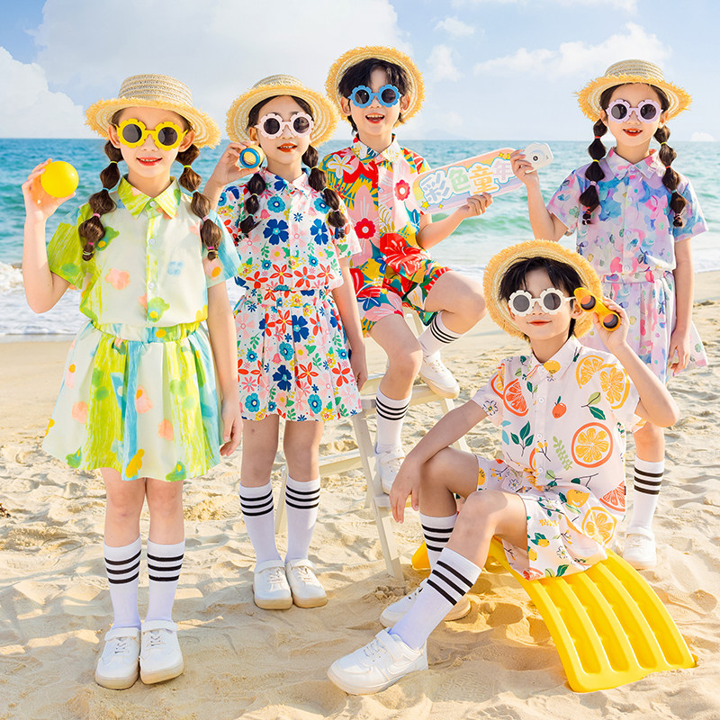 六一港风怀旧80年代啦啦队演出服班服花衬衫毕业照幼儿园园服套装