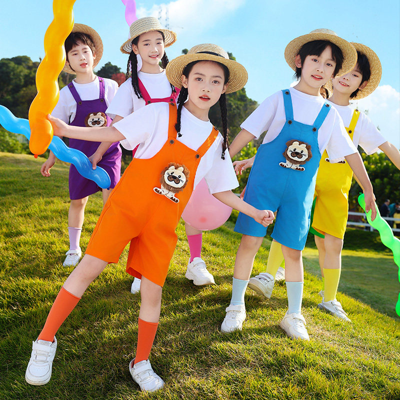 六一儿童啦啦队演出服套装短袖夏季可爱动物背带裤幼儿舞蹈表演服
