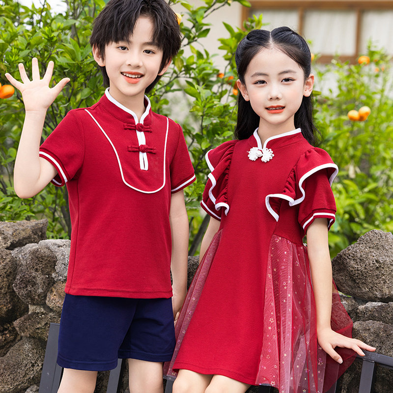 幼儿园国风儿童演出服红色连衣裙汉服套装小学生夏季运动毕业班服