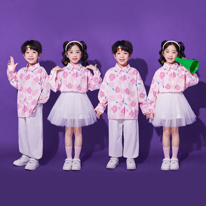 港风啦啦队花朵衬衫儿童演出服