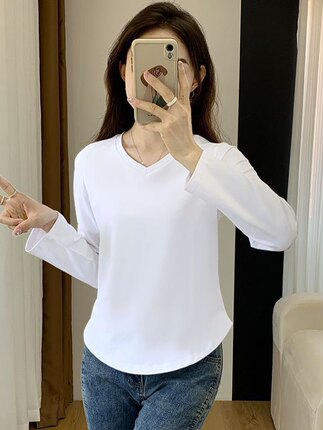 包邮夏季弧形下摆纯色正肩长短袖t恤女V领宽松辣显瘦白色上衣体恤