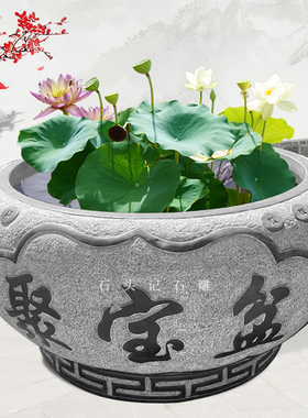 仿古青石聚宝盆石雕大缸家用庭院招财养鱼荷花缸铜钱浮雕石头鱼缸