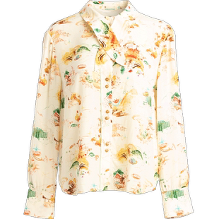 非鱼丝棉衬衫印花飘带春季新款百搭衬衫文艺气质优雅女装上衣