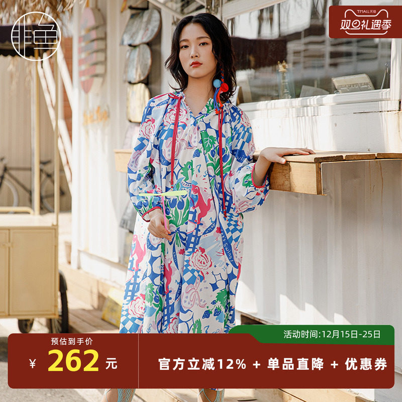 非鱼春季新款文艺中长款连衣裙潮牌满印花连衣裙休闲温柔裙子