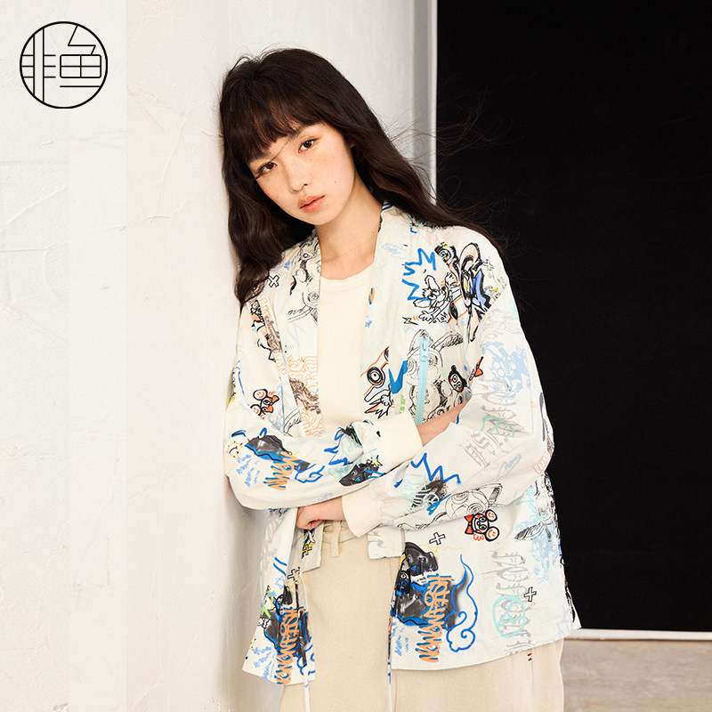 非鱼潮酷道袍式外套2024秋季新款原创设计印花女装轻薄衬衫式外套