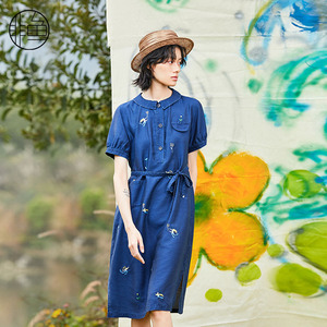非鱼2024夏季新品文艺天丝牛仔连衣裙小翻领减龄刺绣女裙子