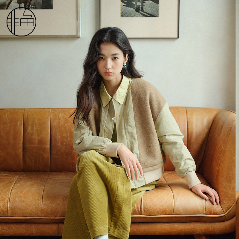 非鱼25毛呢外套秋冬季新款文艺复古拼接毛呢外套休闲时尚毛呢上衣