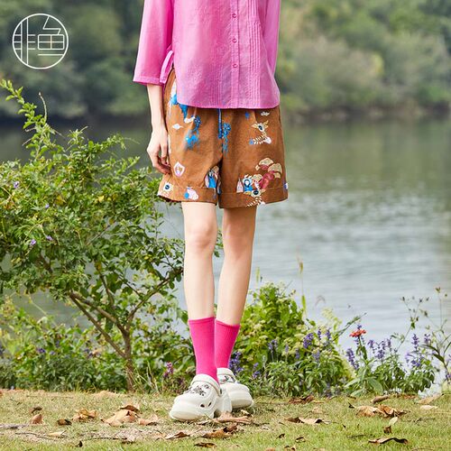 松紧腰百搭非鱼女装印花短裤五分