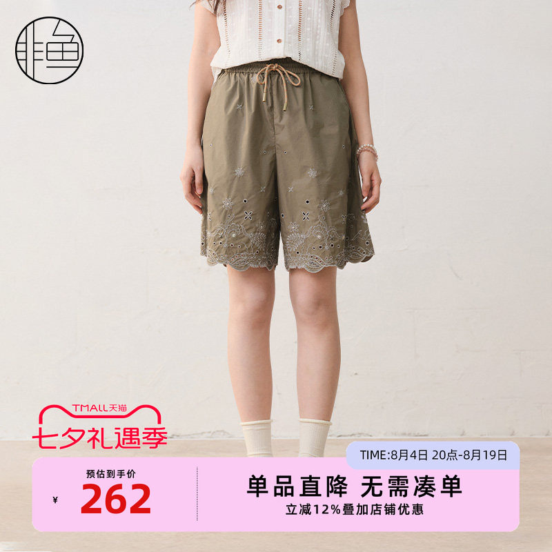非鱼25五分短裤春季新款百搭松紧腰女裤镂空刺绣文艺休闲裤子