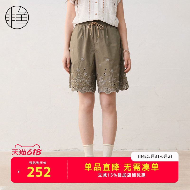 非鱼25五分短裤春季新款百搭松紧腰女裤镂空刺绣文艺休闲裤子