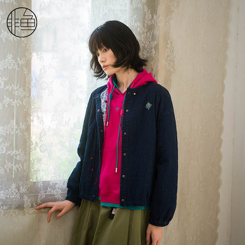 非鱼秋冬新款牛仔外套新中式盘扣棉服文艺复古刺绣女装外套
