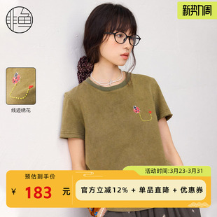 套头百搭上衣刺绣新款 非鱼25夏季 T恤短袖 休闲女装 文艺减龄 时尚