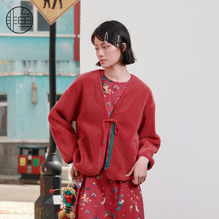 新中式 刺绣女装 短外套 外套2023秋冬新款 非鱼中国红摇粒绒开衫