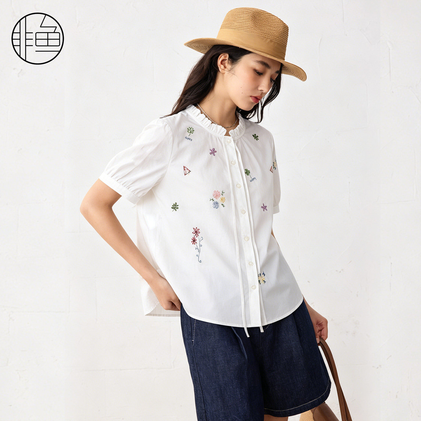 非鱼夏季花卉刺绣立领短袖衬衫