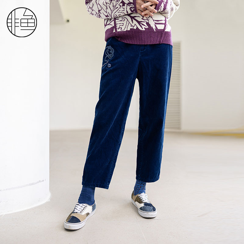 非鱼灯芯绒休闲裤2024冬季潮感刺绣女装裤子百搭小哈伦直筒裤