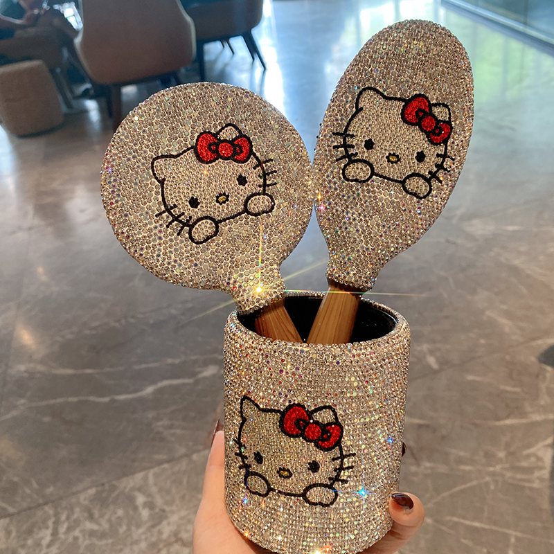 网红创意水钻可爱KT补妆化妆镜少女心梳妆手持镜家用笔筒镜梳套装