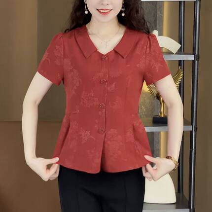 夏季短袖衬衫上衣修身显瘦时尚洋气小衫百搭减龄娃娃领妈妈装