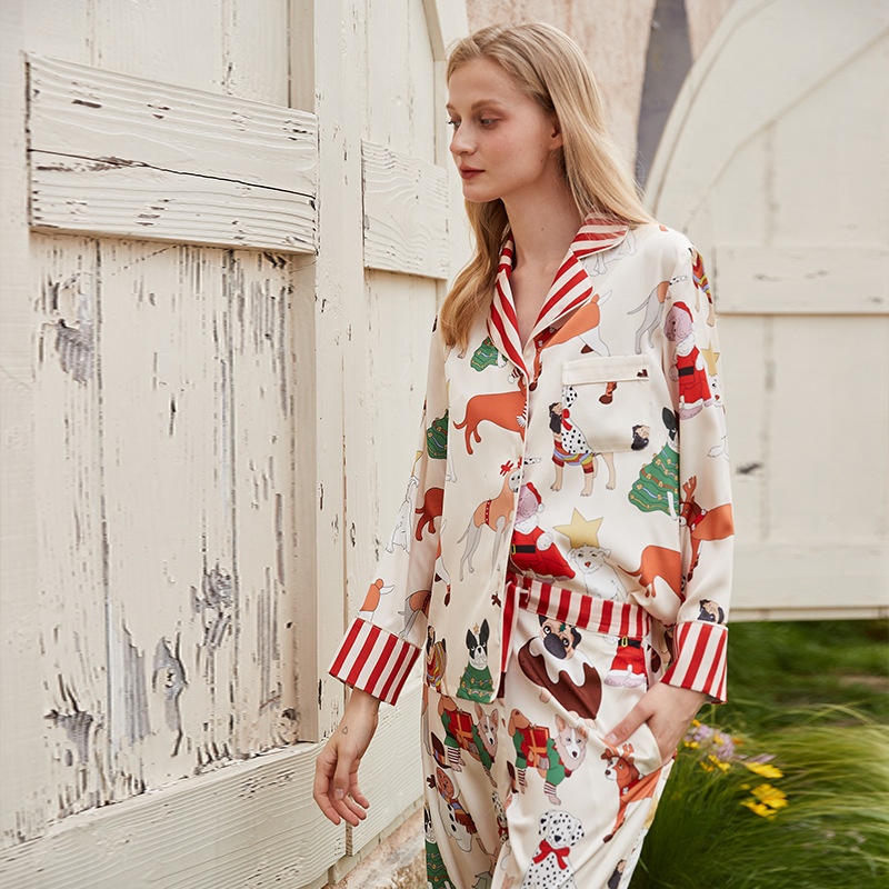 【圣诞狗】ins风睡衣女春秋长袖长裤西装领仿真丝女士家居服套装