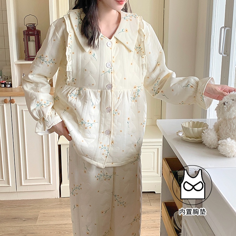 秋冬季新款空气棉月子服带胸垫加厚款孕妇睡衣外出哺乳衣两件套装