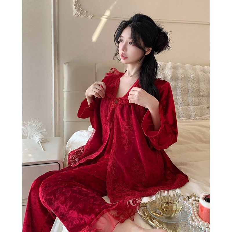 【金砖绒】三件套秋冬新款蕾丝宫廷风睡衣吊带长袖甜美家居服丝绒