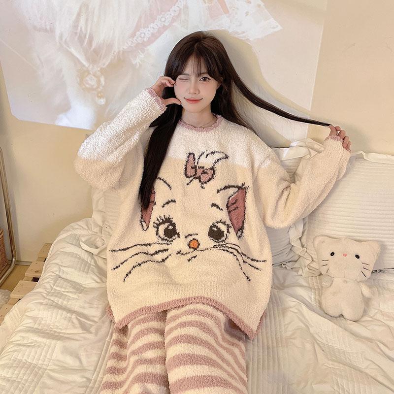 2024秋冬季睡衣女士珊瑚绒圆领保暖套装可爱卡通女生法兰绒