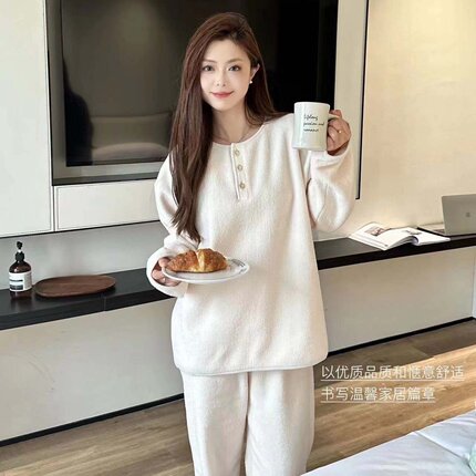 MOTIE末帖绒梦套装女士居家睡衣圆领暖绒家居服套装亲肤保暖舒适