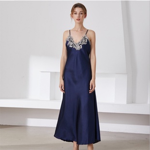 仿真丝睡衣女 花边性感v字领长款吊带睡裙睡衣家居服