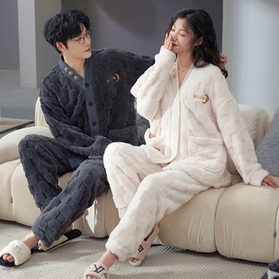 秋冬珊瑚绒情侣睡衣新款男女士法兰绒冬天厚款暖和家居服外穿套装