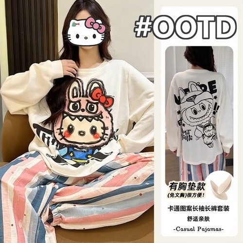 春秋季睡衣女2025新款韩版可外穿带胸垫卡通动漫长袖家居服套装冬