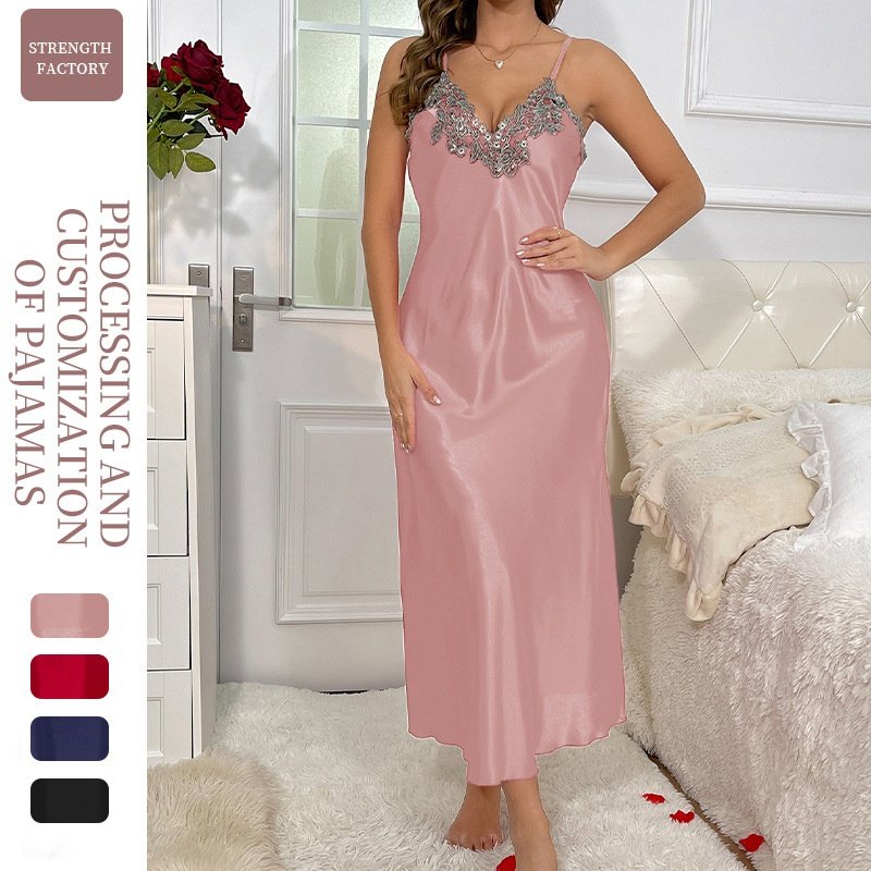 跨境新款时尚吊带睡裙女冰丝丝绸长裙薄款性感仿真丝夏季露背睡裙,女士内衣/男士内衣/家居服,睡袍/浴袍,淘宝优惠券,粉丝福利购,淘宝优惠卷