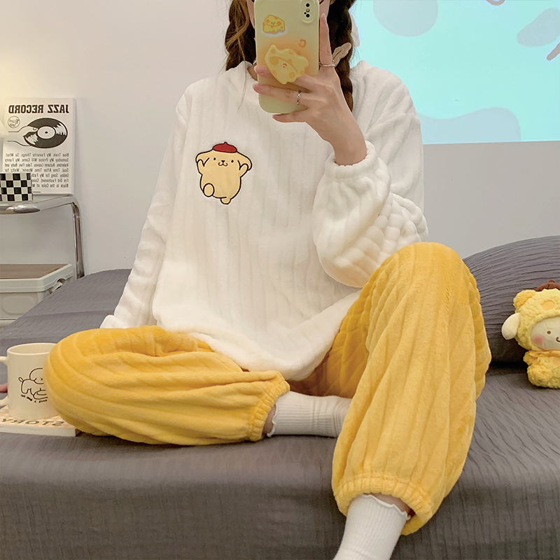 睡衣女秋冬季套头珊瑚绒加厚套头甜美可爱卡通宽松法兰绒家居服