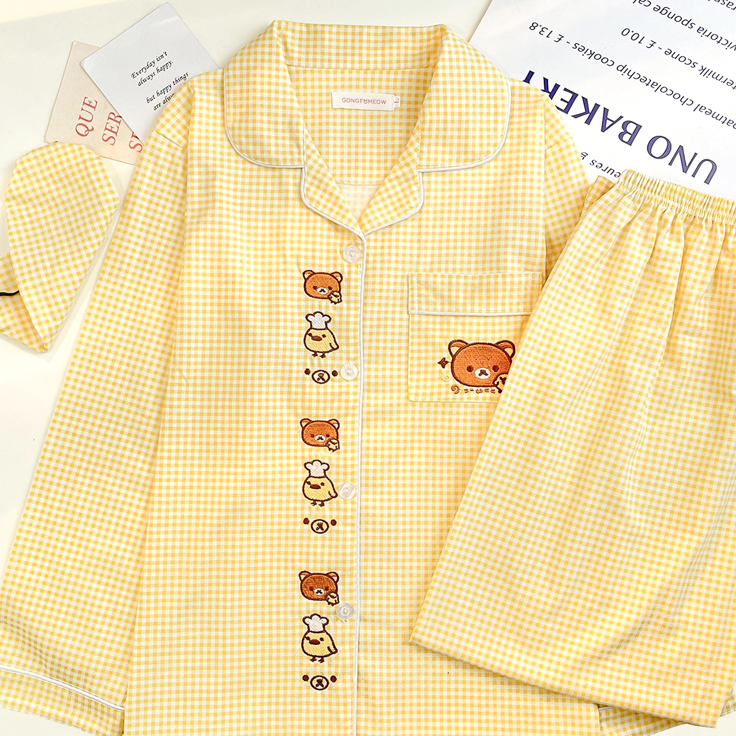 日系轻松熊睡衣女春秋款长袖长裤纯棉卡通黄色格子可爱家居服