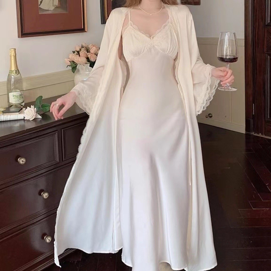 法式性感纯欲睡衣气质冰丝吊带女睡裙套装夏季长款女带胸垫两件套,女士内衣/男士内衣/家居服,睡袍/浴袍,淘宝优惠券,粉丝福利购,淘宝优惠卷