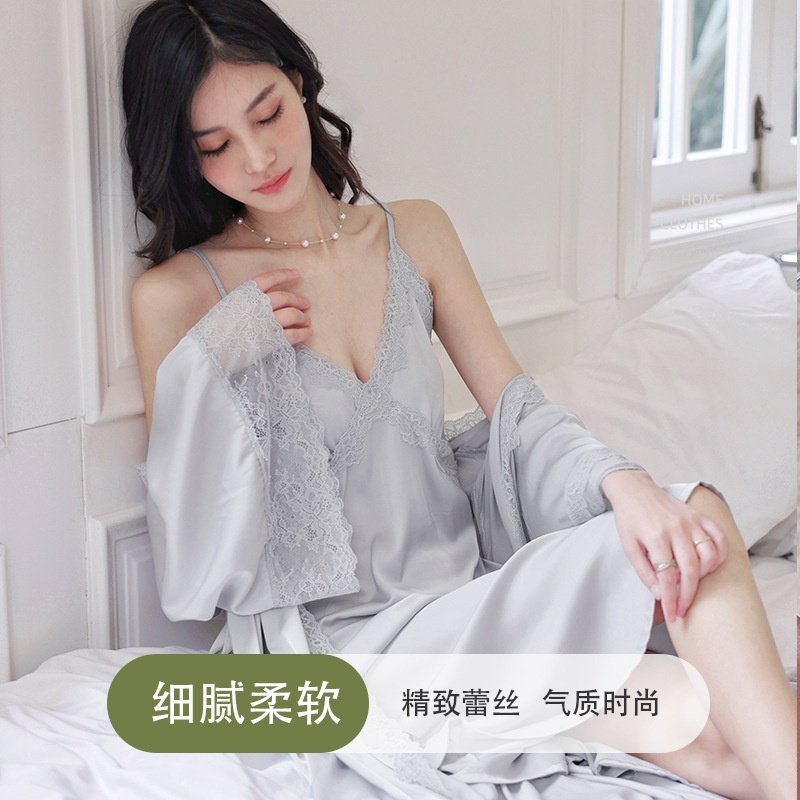 性感冰丝睡衣女春秋新款法式吊带睡裙睡袍花边宫廷风两件套家居服