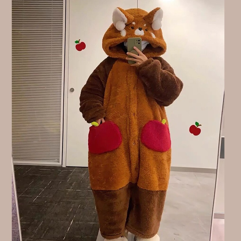 爆款小浣熊睡袍珊瑚绒连体睡衣大尾巴小熊猫睡袍套家居服可外穿