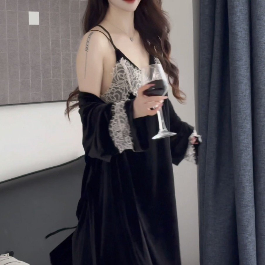 花边金丝绒刺绣短款睡衣性感露背吊带睡裙系带外袍女家居服套装,女士内衣/男士内衣/家居服,睡袍/浴袍,淘宝优惠券,粉丝福利购,淘宝优惠卷