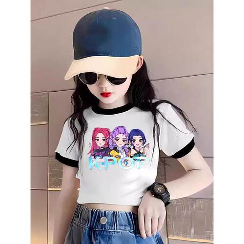KPOP女儿童插色短袖女童40爵士舞支纯棉t短款上衣猎魔童装高腰恤