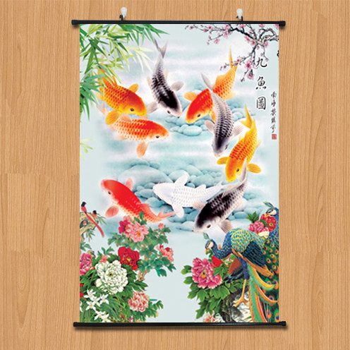 九鱼图仿油画沙发背景客厅国画年年有余荷花九鱼图风水画装饰挂画,家居饰品,现代装饰画,淘宝优惠券,粉丝福利购,淘宝优惠卷
