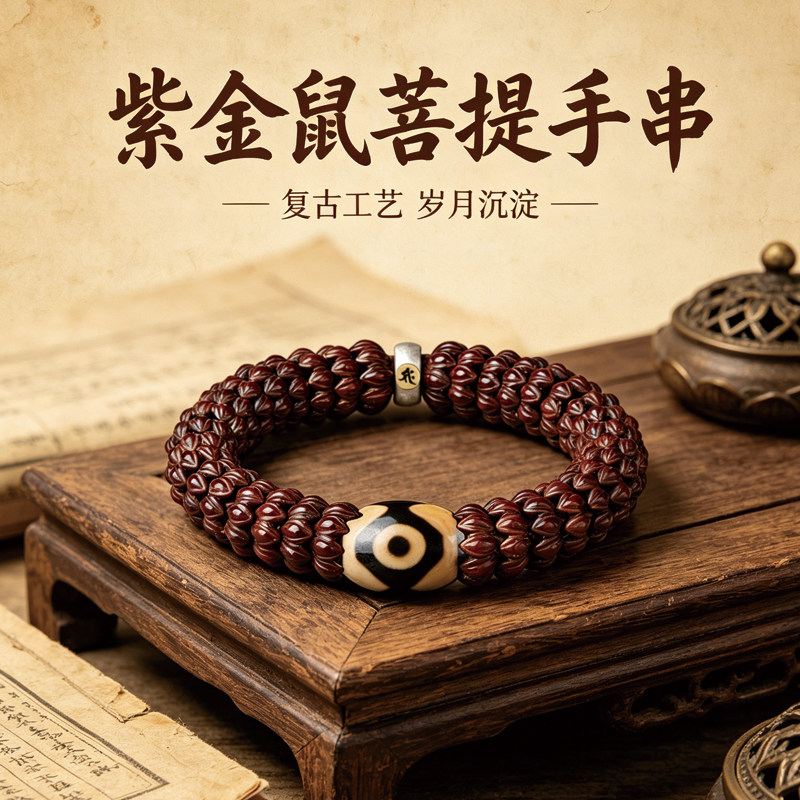 紫金鼠菩提男士手串玛瑙天珠金饭碗莲花文玩盘玩手链送男生礼物