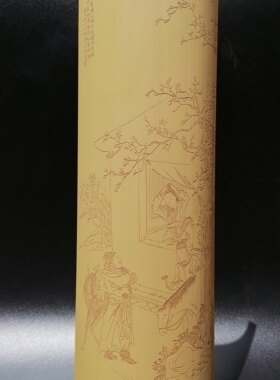 蒋震留青竹刻浅雕风尘三侠竹制书法国画竹雕臂阁竹雕文房