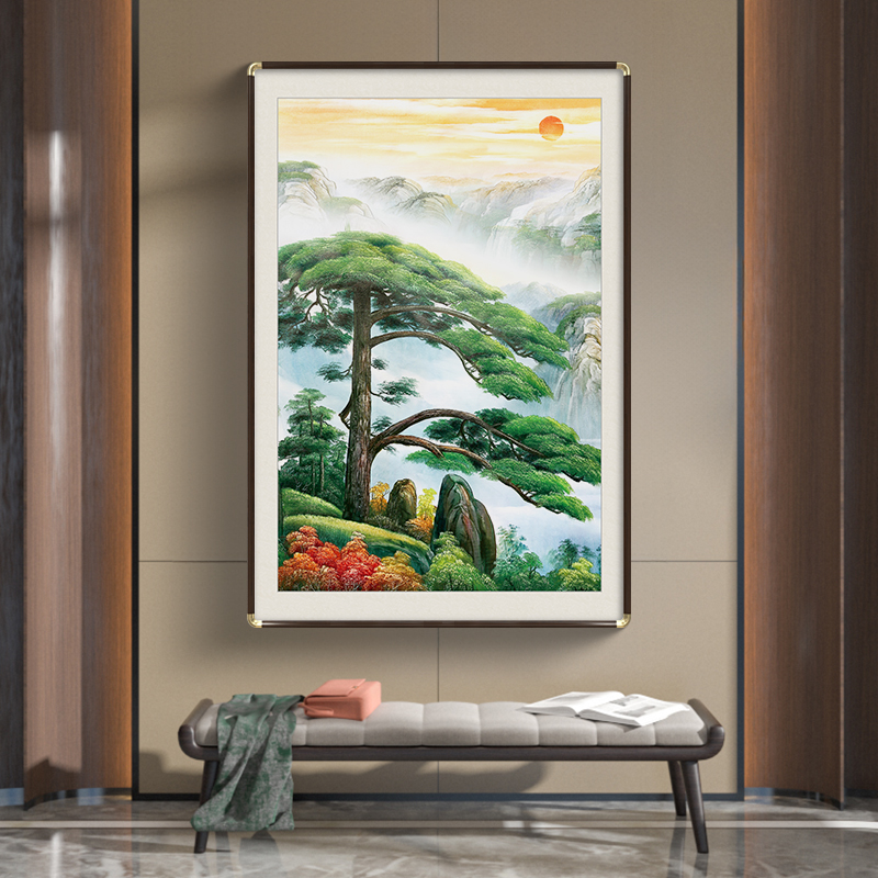 迎客松挂画入户门玄关画新中式山水画走廊壁画实木中堂客厅装饰画
