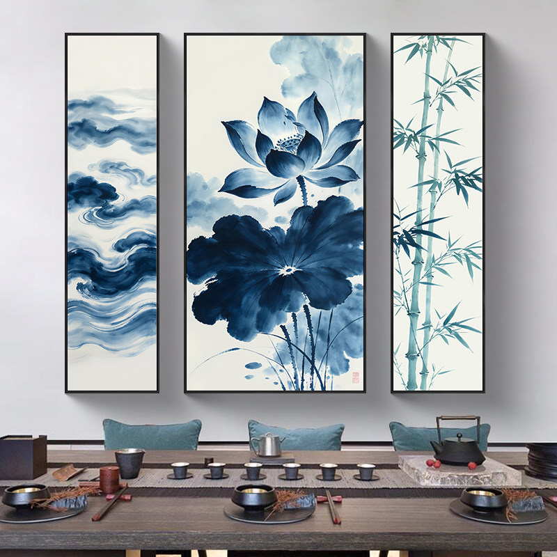 新中式中堂挂画三联蓝色荷花竹子禅意壁画大气茶室客厅软装装饰画