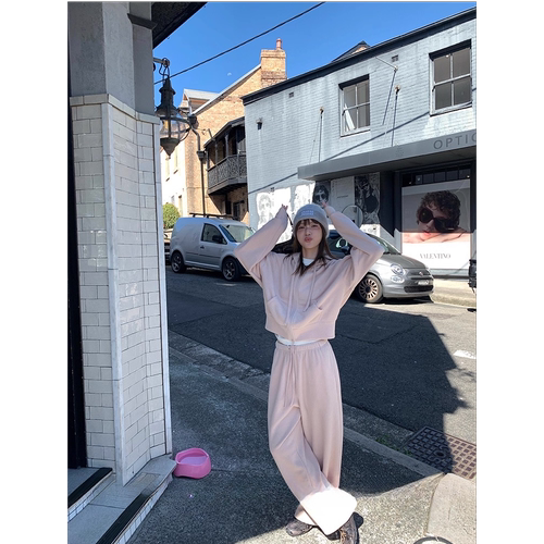 2025秋冬新款毛绒奶呼呼连帽外套宽松阔腿裤加绒加厚卫衣套装